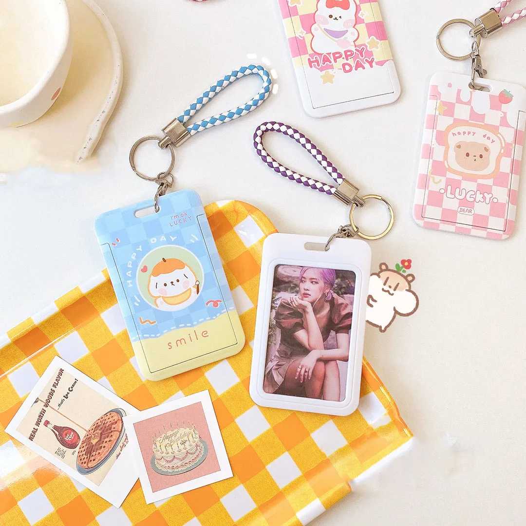 

New Cartoon Bear Kawaii Cute ID Credit Card Holder Student Bank Credit Card Cover for Girl Boy Bus Card Cover Lanyard Key Ring