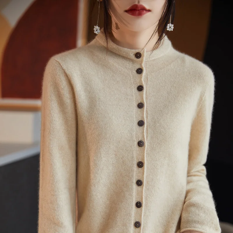 

Women's New Sweater Crewneck Cardigan Autumn and Winter 100% Wool Long-sleeved Coat top