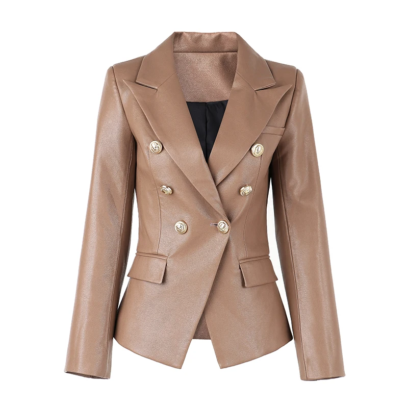 Khaki Color  PU Leather  Women Office Blazer Elegant Fitness Good  Quality Casual Spring  Lady Coat & Jackets Clothing