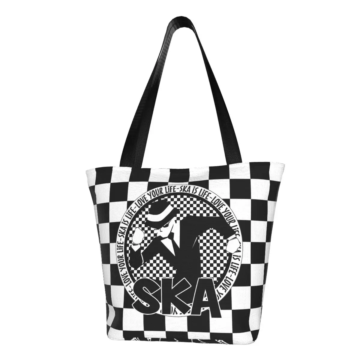 

Trendy Woman 2 Tone Ska Checkerboard Shopping Bag With Zipper Opening Two Tone Music Ska-rock Check Rocksteady Handbag Tote Bag