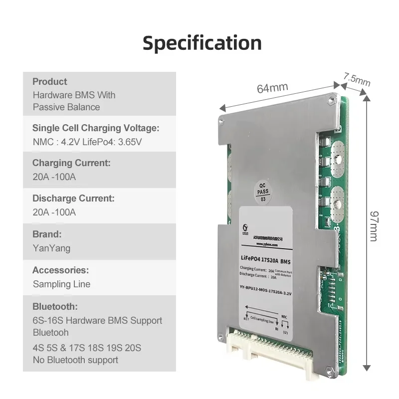 Фото Yanyang 17S 60V 20A 100A LifePO4 BMS Защитная плата для туризма автомобиля 18650 Система управления аккумулятором 17S BMS №2