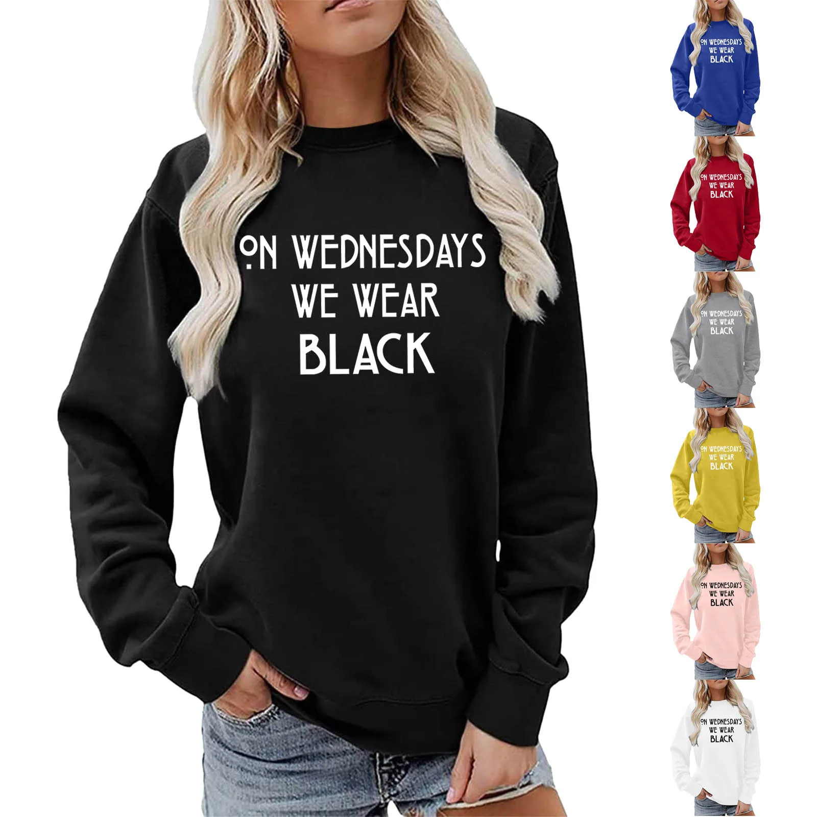 

Womens Fashion Letter On Wednesdays We Wear Black Print Crew Neck Sweatshirt Long Sleeve Top Pullover Casual Blouse