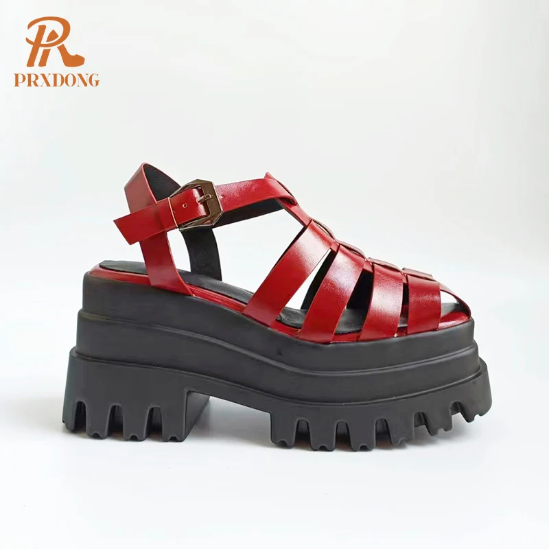 

Fashion Chunky High Heels Platform Women's Sandals New Summer T-Strap Rome Black Brown Red Dress Party Casual Gladiator Shoes 41