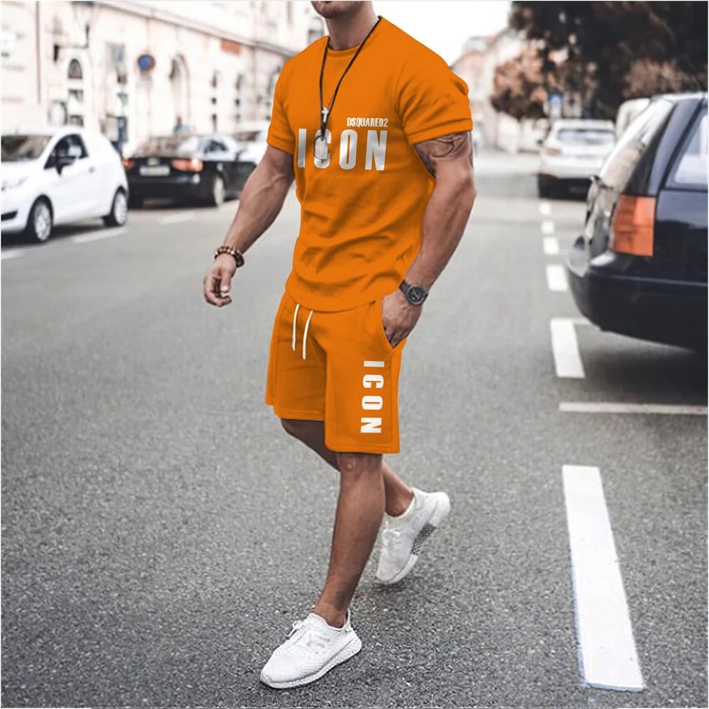 Limited New Letter Solid Color Versatile Print Men's Sports T-Shirt Suit Casual Fashion Fitness Top + Shorts Loose Oversized