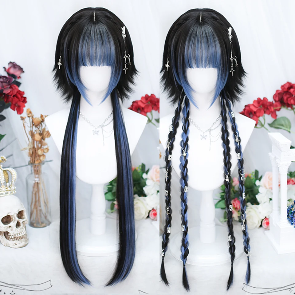 

HOUYAN synthetic Cosplay Lolita Blue highlights Black women's long straight hair wig Bangs wig Heat resistant party wig