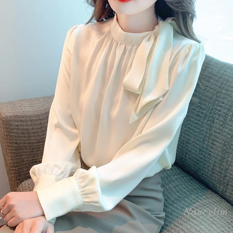 

High-End Bow Tie Stand Collar Chiffon Shirt Women's Spring and Autumn Solid Color Apricot Blouse 2023 Long Sleeve Bottoming Top