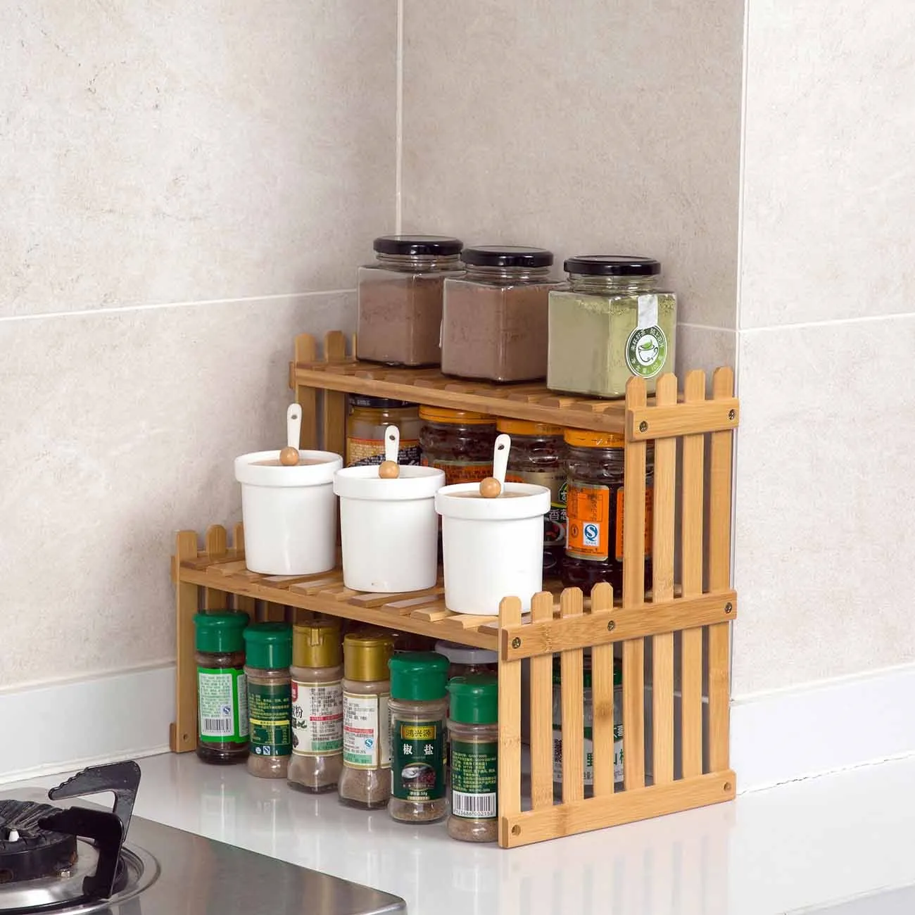 

Double Layers Wood Storage Shelf Kitchen Spice Rack Book Seasoning Jar Bottle Holder Bamboo Desktop Organizer Shelves
