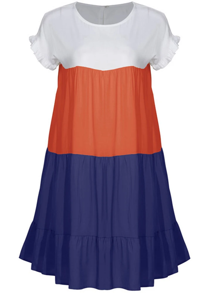 

Women Fashion Dress 2022 Summer Elegant O-Neck Ruffle Sleeve Loose Dress Casual Colorful Patchwork Pleated Dress Lady Mujer New