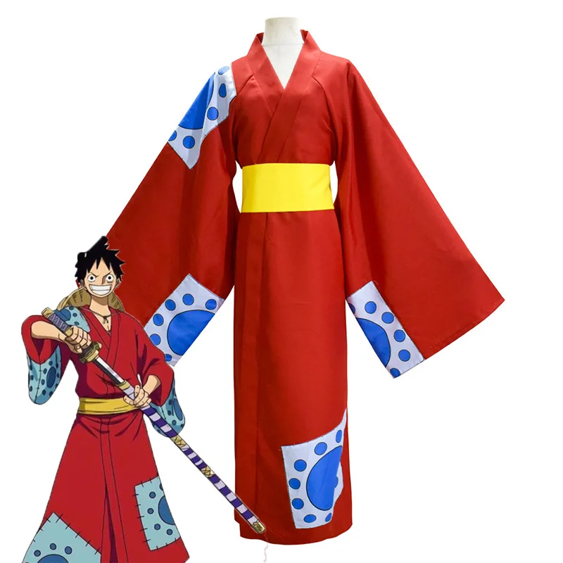 Anime One Piece Wano Country Monkey D. Luffy Cosplay Costume Kimono Outfits Men Women Halloween Carnival Dress + Belt Suits