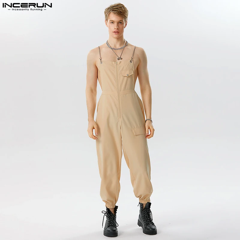 

INCERUN 2023 American Style Men's Solid All-match Cargo Pants Jumpsuits Casual Streetwear Chain Connection Design Rompers S-5XL