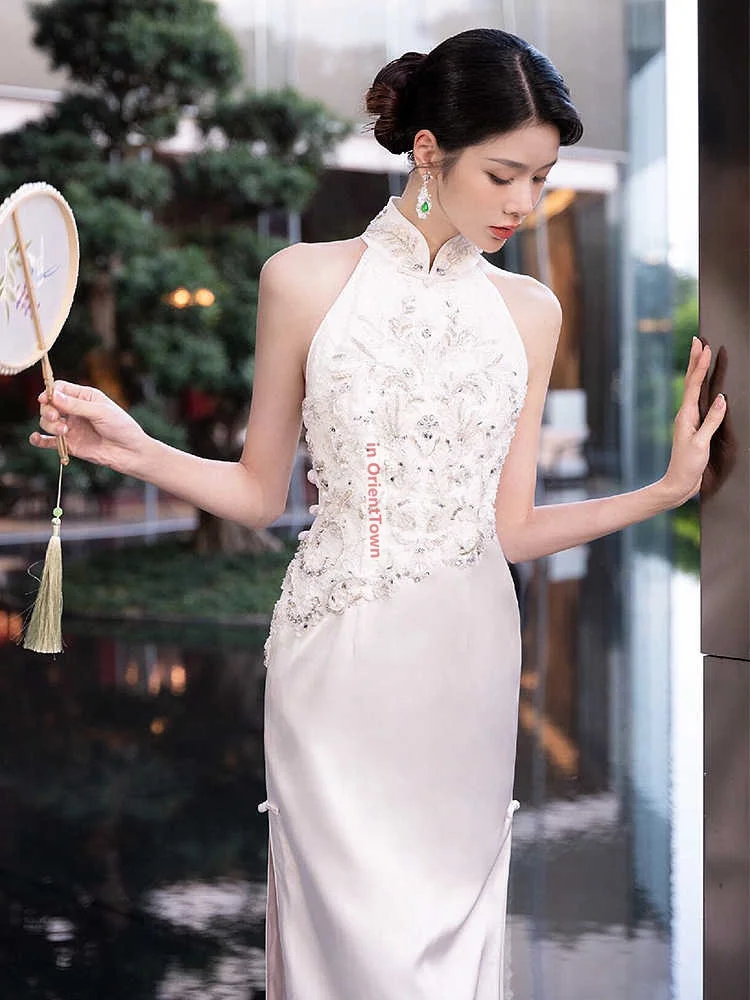 Белое свадебное платье для банкета Cheongsam, азиатское платье для тостов невесты, элитное летнее утягивающее платье в стиле ретро для большого моря, китайское TP089 (art.: 3920cfcd697a5) - 3920cfcd697a5