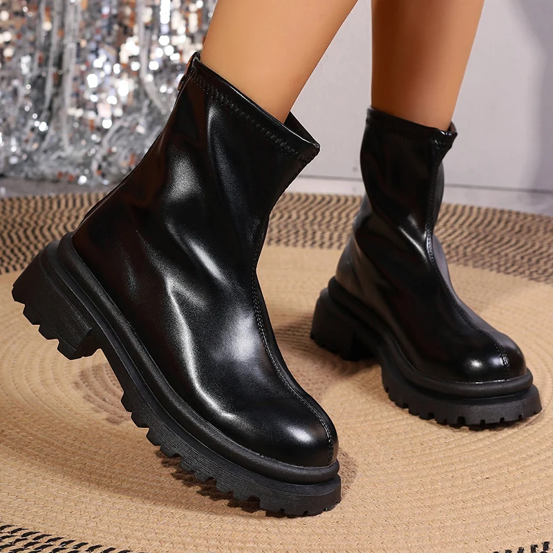 

Black PU Leather Gothic Ankle Boots Women Back Zipper Chunky Heels Short Boots Woman 2023 Autumn Platform Demonia Botas De Mujer