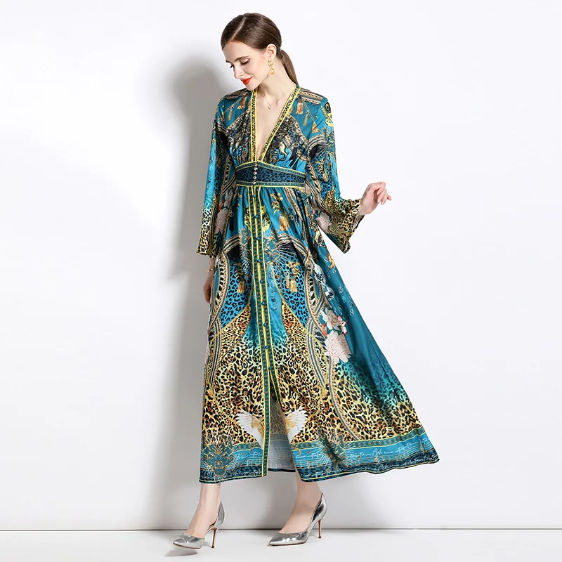 

Женское платье-макси с леопардовым принтом, длинным рукавом и V-образным вырезом