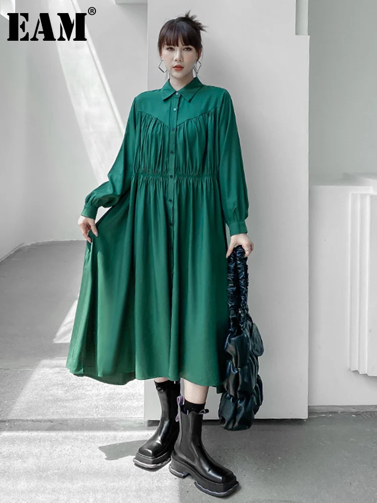 

[EAM] женское зеленое плиссированное платье большого размера, длинное платье с отворотом, длинный рукав, свободный крой, весна-осень 2023, 1DF1969