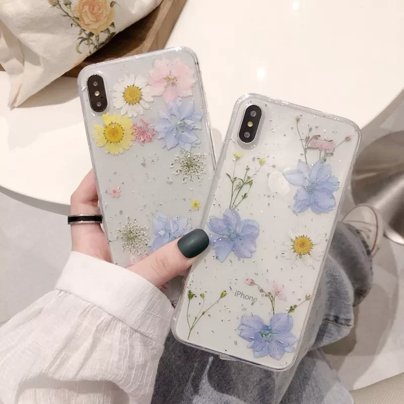

Fashion Glitter Real Dry Pressed Flower Phone Case For iphone 12 11 13 pro XS MAX x SE XR 7 8 plus Transparent Silicone Cover