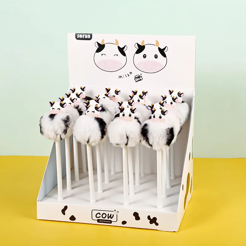 16 pcs/lot Creative Milky Cows Hairball Gel Pen Cute 0.5mm Black Ink Pens Stationery Office School Writing Supplies