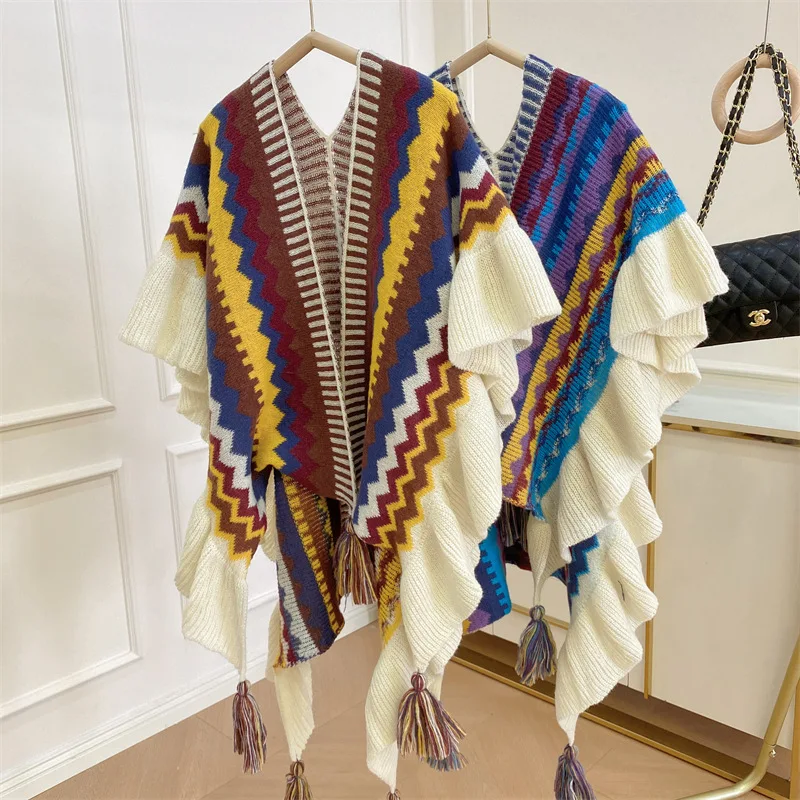 

Women Western Mexico Poncho Capes Ladies Fashion Stripe Colorful Knit Oversized Poncho Wrap Shawl