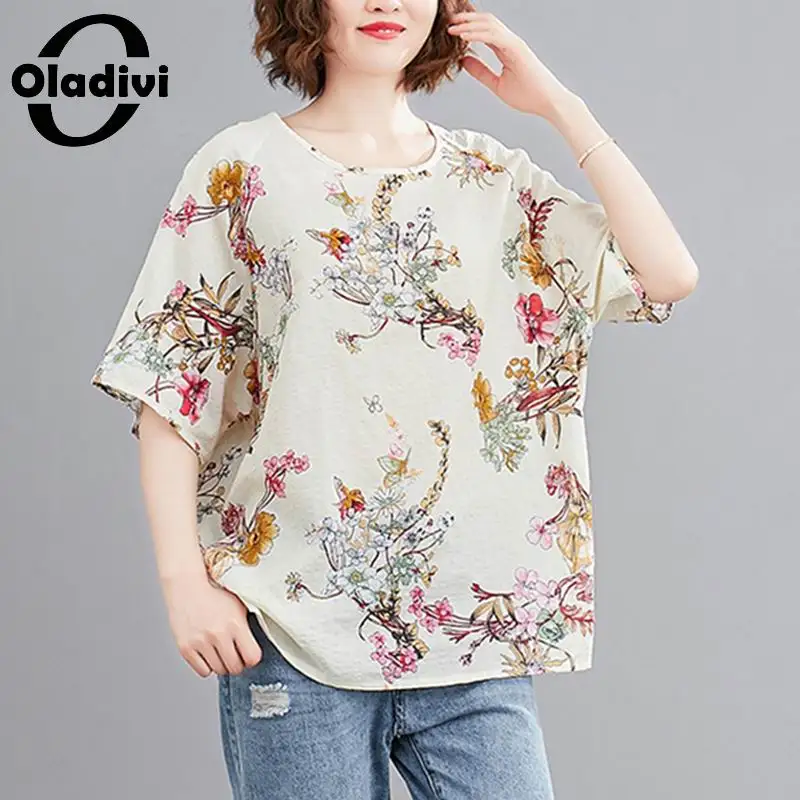 

Oladivi Oversized Fashion Floral Print Blouses Women Short Sleeve Shirts Casual Loose Top Tees Summer Big Tunic 3XL 4XL 5XL 6XL