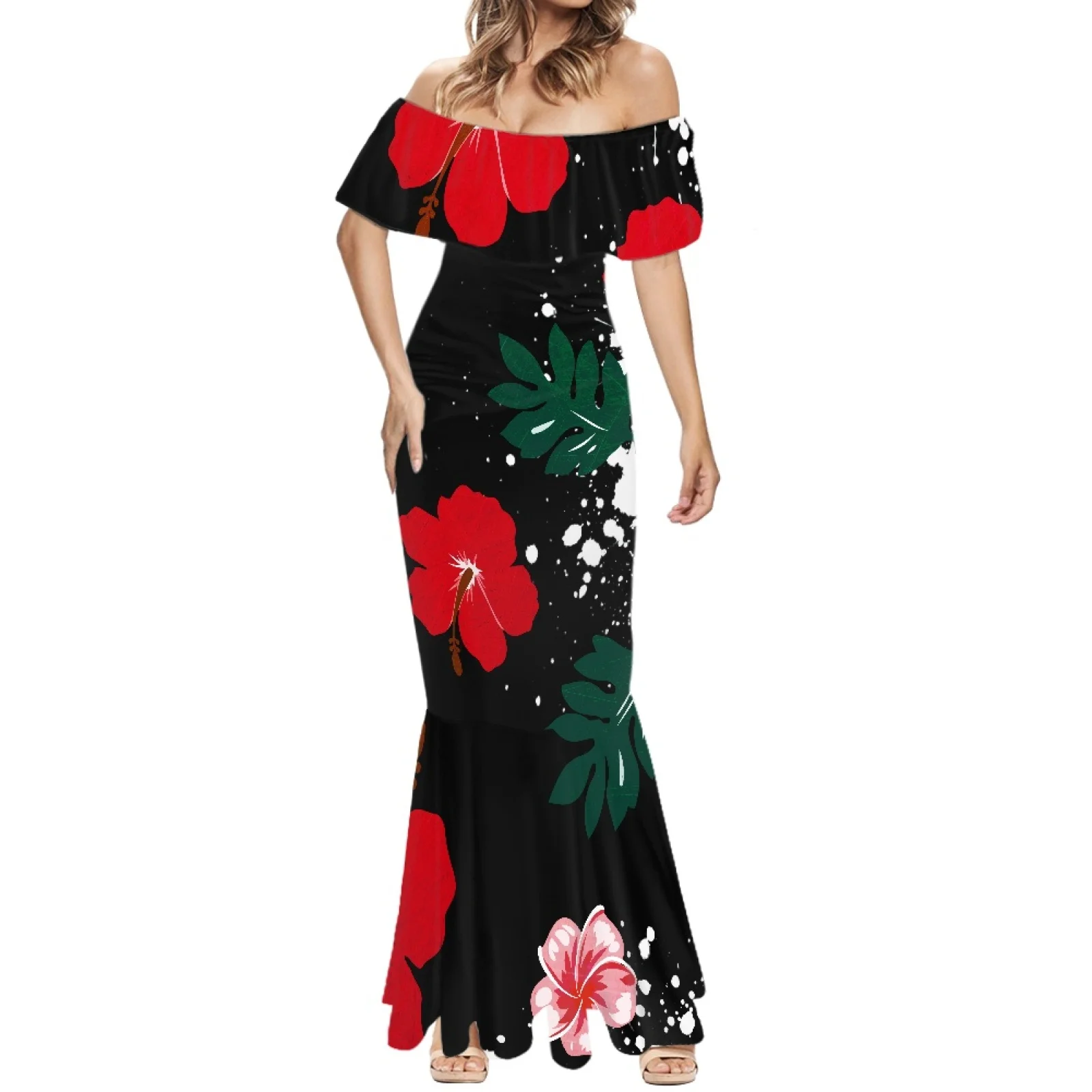 

New Tight And Sexy Party Women's Short Sleeve Fishtail Dress Hawaii Summer One-Shoulder Hawaiian Tattoos Print Beach Dress