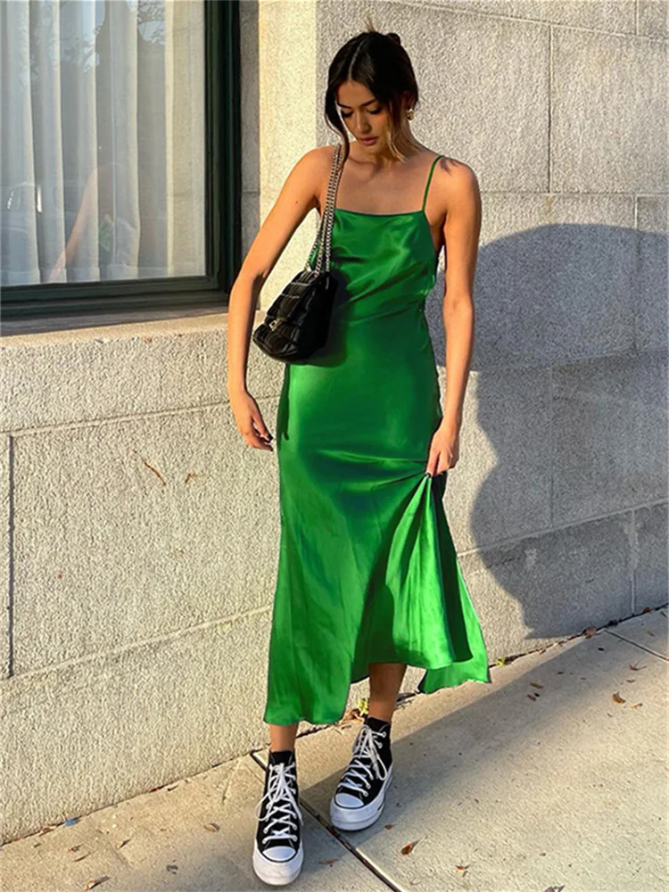 

2022 Summer New Suspenders Ice Silk Imitation Silk Minority Dress Slit Sexy Long Dress Women Elegant Casual Women's Dresses Y2k