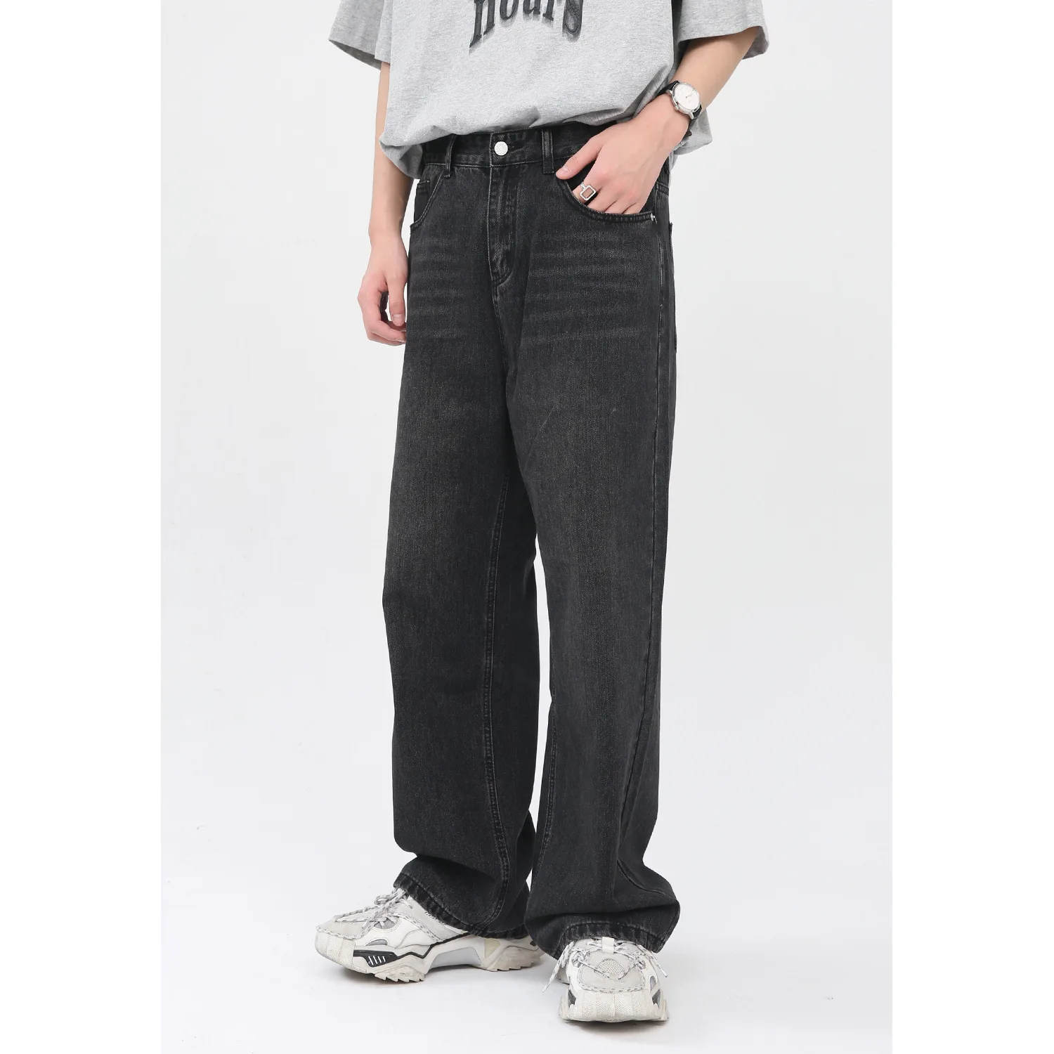 Four Seasons Men Jeans Korean Version Simple Loose Straight Mid Waist Solid Color Jeans Hip Hop Streetwear Ins Hot Men Clothing