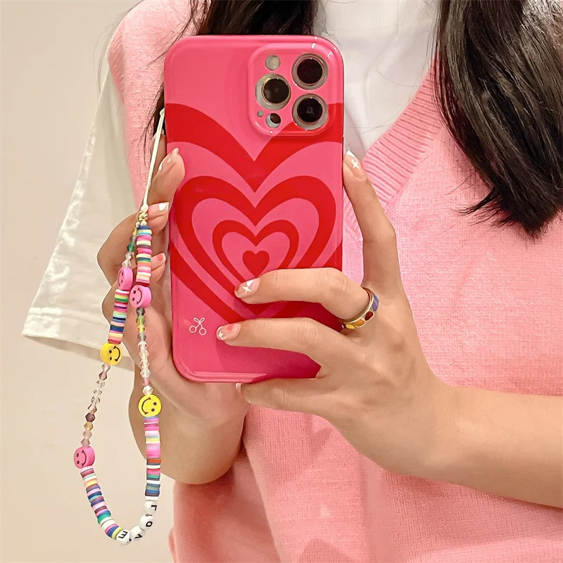 

Fashion Trend Girl Rose Red Love Smiley Beaded Chain Sweet Anti-drop Cover For iphone 11 12 13 Pro Max XR Xs Max 8P Phone Case
