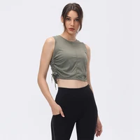 best women crop tops fitness yoga shirts vest drawstring sleeveless loose breathable sports tops t shirts tennis gym sportswear