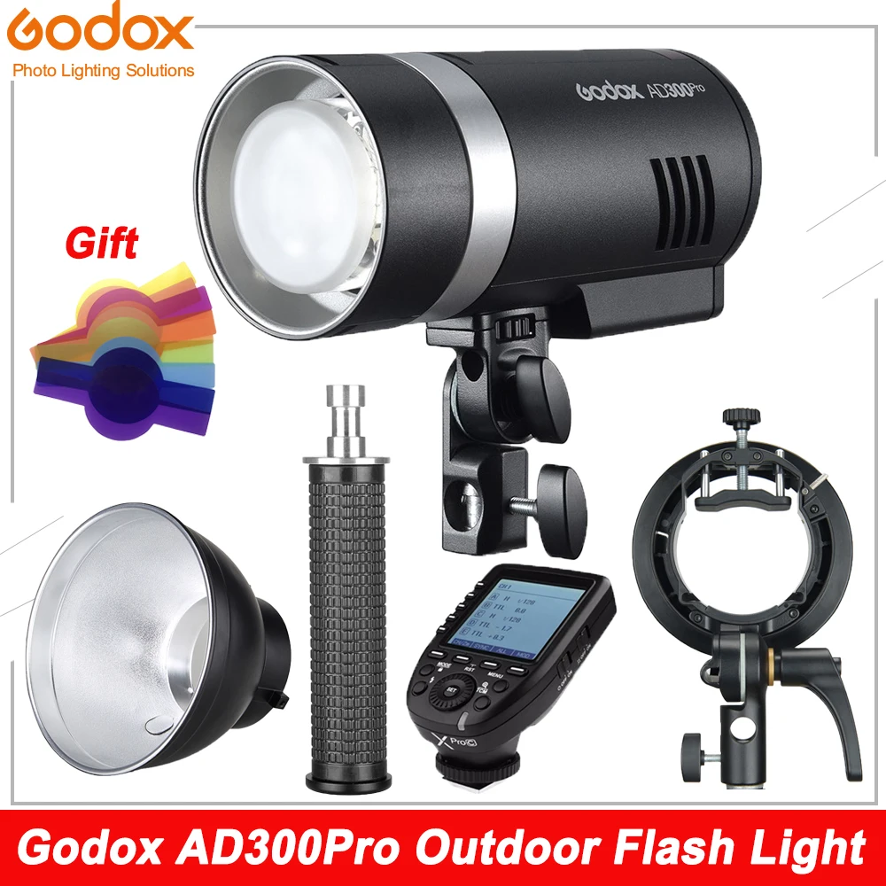 

Godox AD300Pro Outdoor Flash Light 300Ws TTL 2.4G 1/8000 HSS Strobe Flash with Battery,Reflector, S2 Holder Bracket,Xpro Trigger