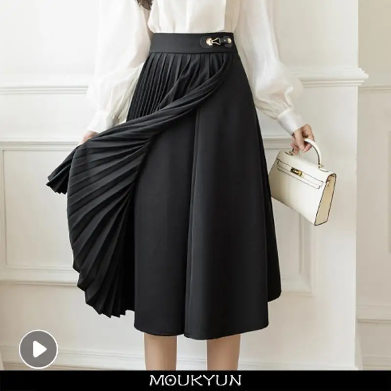 

MOUKYUN Pleated Skirt Women High Street Solid High Waist Minimalism OL Style Clothing Elegant Knee-Length Outfits Female Skirts