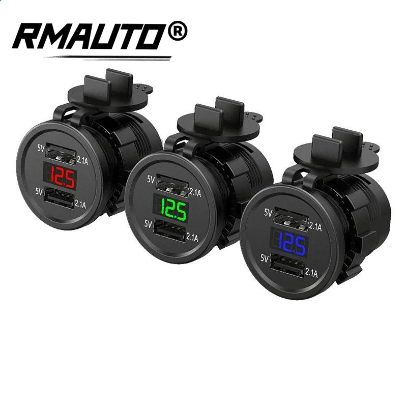 

Зарядное устройство для автомобиля, мотоцикла, 5 В, а, два порта USB, розетка 12 В, 24 В, синий/красный/зеленый, цифровой дисплей напряжения