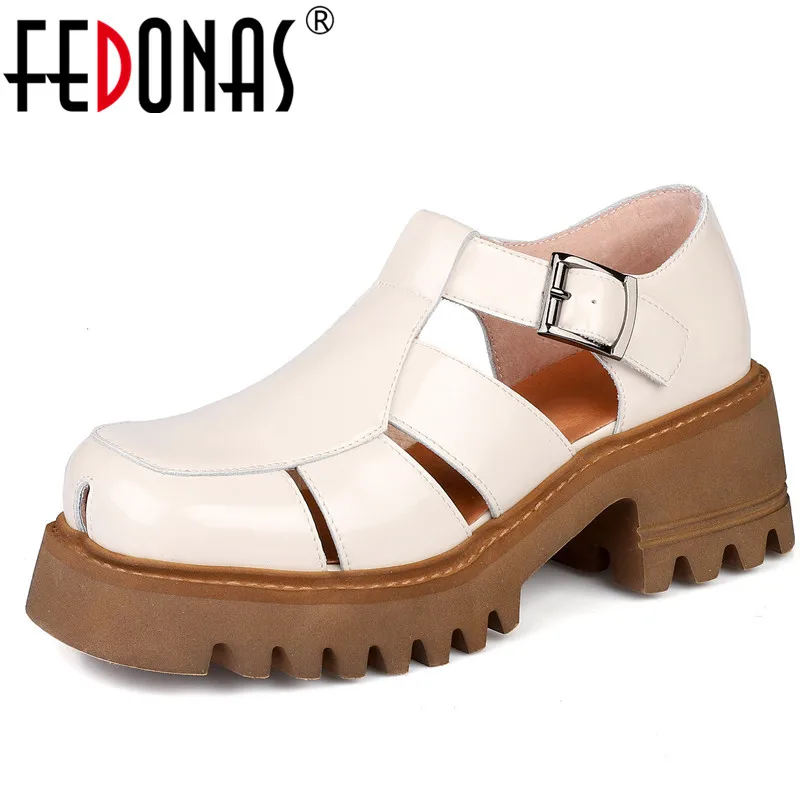 

FEDONAS 2022 Spring Summer Women Pumps Hollow Genuine Leather Rome Style Thick Heels Platforms Students Casual Retro Shoes Woman