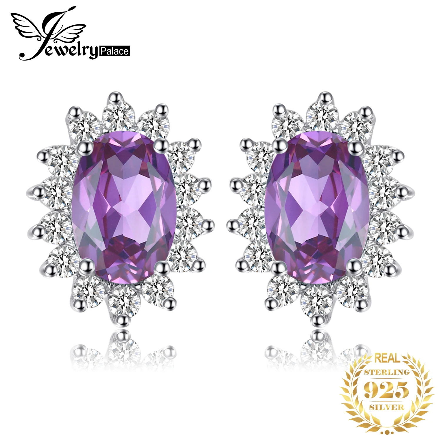 JewelryPalace Diana Natural Amethyst 925 Sterling Silver Halo Stud Earrings for Woman Fashion Classic Party Jewelry New Arrival