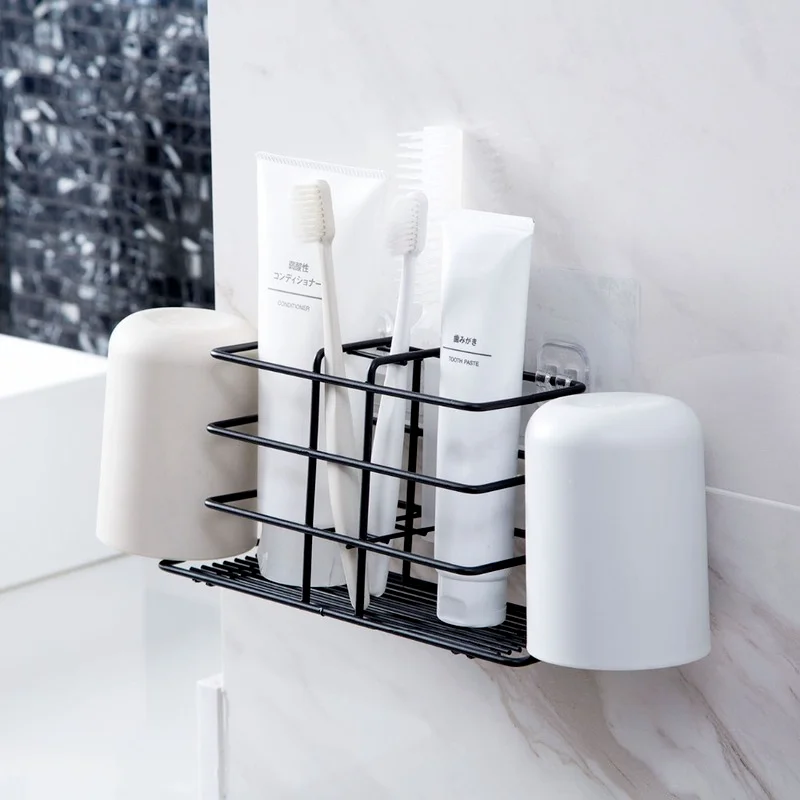 

Iron Toothbrush Holder Punch-free Paste-type Wall-mounted Rack Tooth Cup Set Shelf Mouthwash Cup Holder Bathroom Storage Rack
