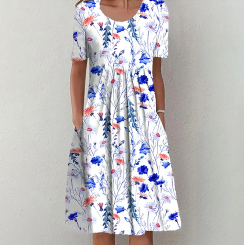 

Summer Floral Print Pocket Elegant Dress Round Neck Pullover Mid Length Short Sleeve Layered Simple Ladies Street Big Skirt