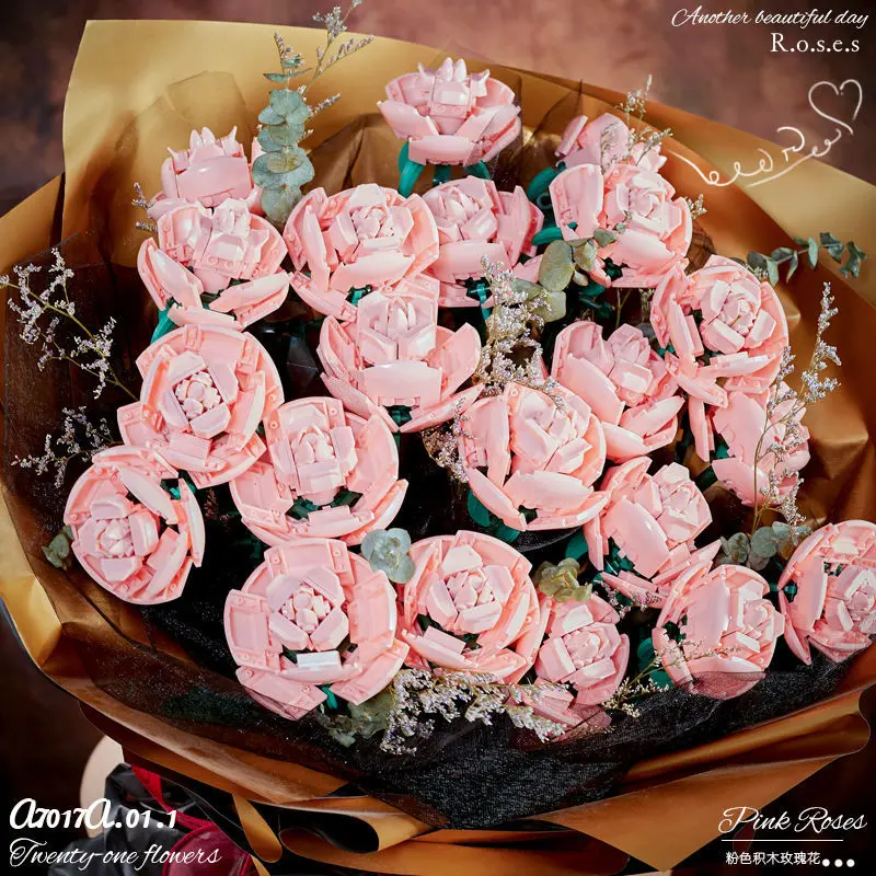 

Valentine's Day Bouquet Building Blocks Home Furnishing Bonsai Plant Romantic Rose Flower Model DIY Assembled Brick Girl Gift
