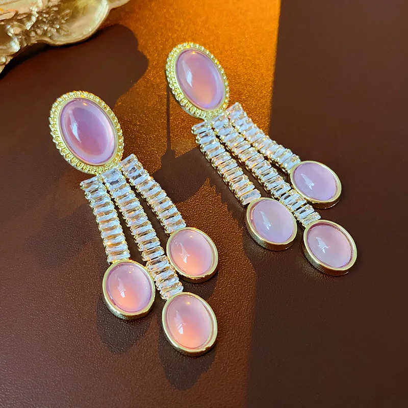 

Shinning Zirconia Pink Resin Tassel Long Drop Earrings For Women Personality New Pendientes