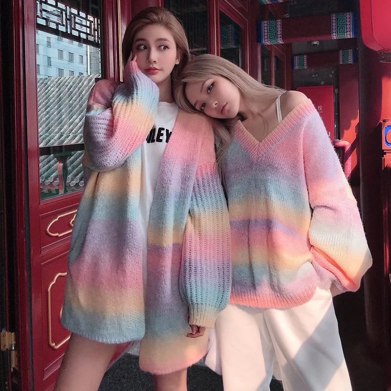 

Japanese Kawaii Lolita Rainbow Sweater Women Sweet Korean Chic Full Sleeve Knitted Sweater Female Cute Knitting Sweater Coat 202