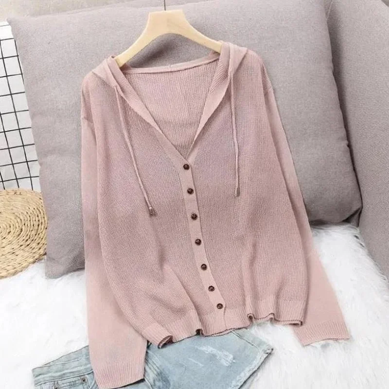 Women's Hoodie Spring Summer Knit Cardigan Coat Women's Hooded Top Sweater Thin Hollow Out Sun Protection Jacket Korean Fashion