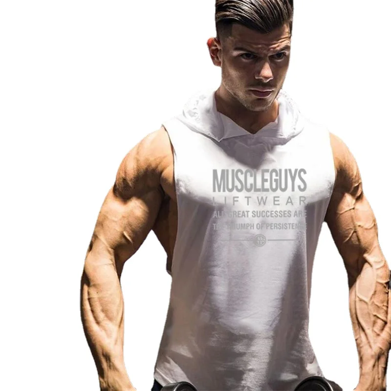 

Summer Loose Hooded Sleeveless T-shirts Print Running Tank Top for Men