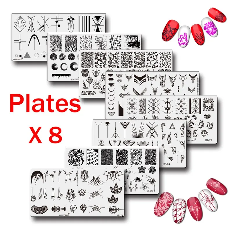 

8 PCS Bundle Combo Stainless Steel Stamping Plate Template Graffiti Geometry Shapes Plant Leaves Vintage Ornaments Brushes