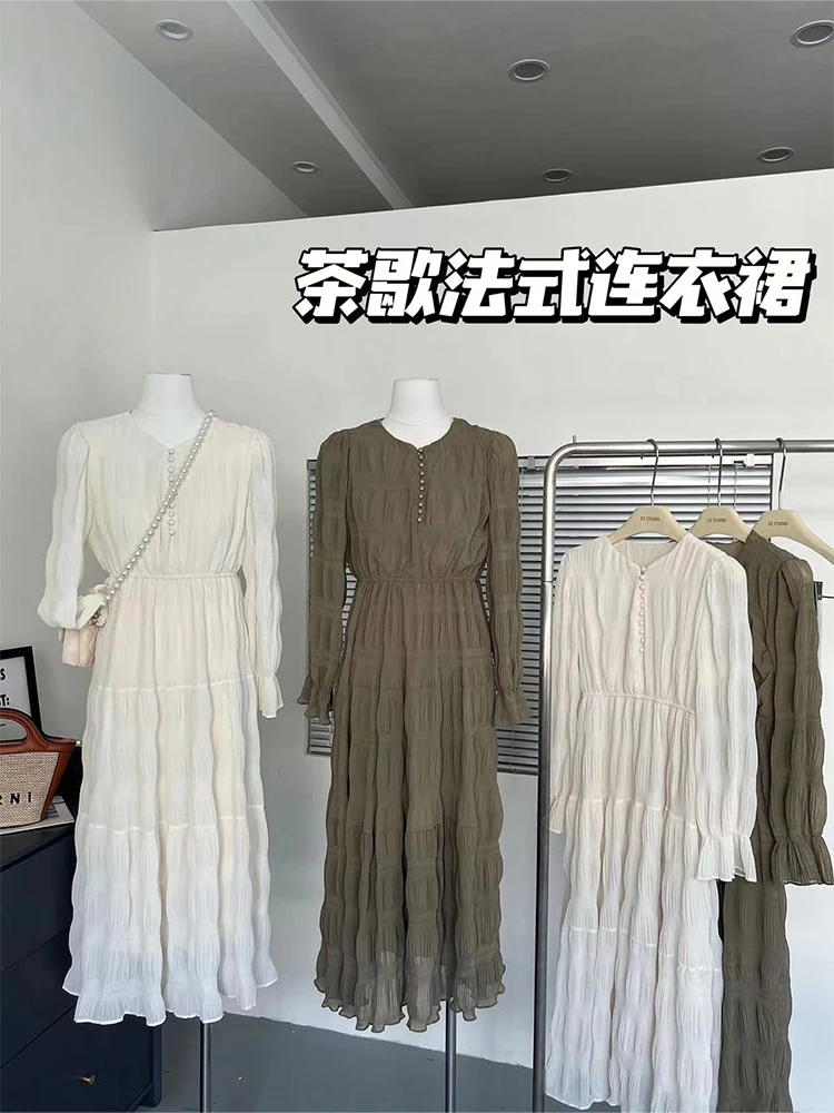 

French Style Solid Color Retro Women Mid-long Vestidos Crew-neck Long Sleeve Pleated Design Ankle-Length Dress Elegance Female