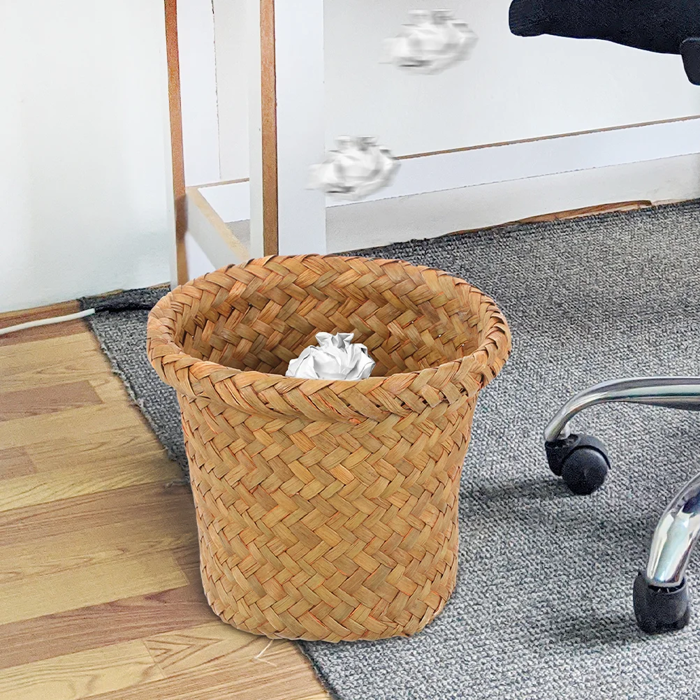

Woven Trash Can Seagrass Weaving Laundry Basket Rattan Wicker Garbage Waste Bin Sundries Wastebasket
