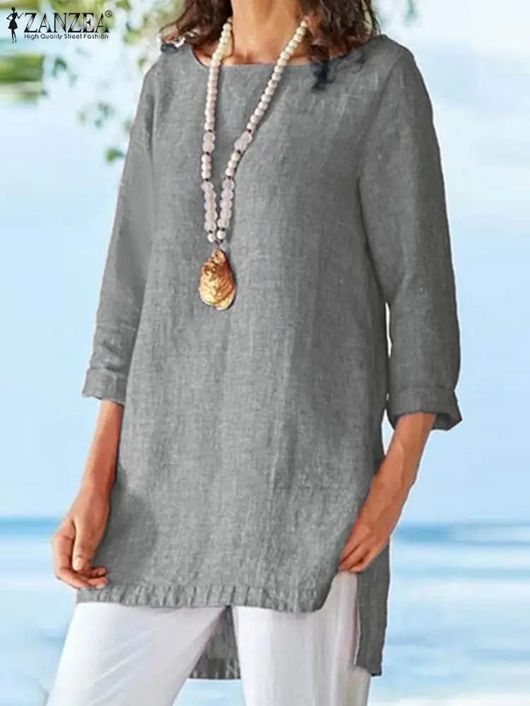 2022 ZANZEA büyük boy kadın katı gömlek yüksek düşük O boyun 3/4 kollu bluz Casual gevşek Vintage Tops tatil bahar Blusas chemise