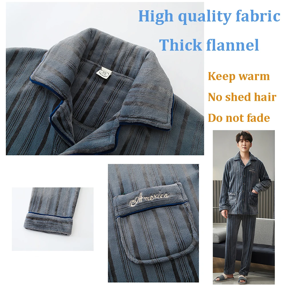 Flannel Pajama Sets Men Winter Men's Pajamas Thick Warm Lounge Set Fashion Striped Embroidery Male Pijama Casual Loungewear 3XL