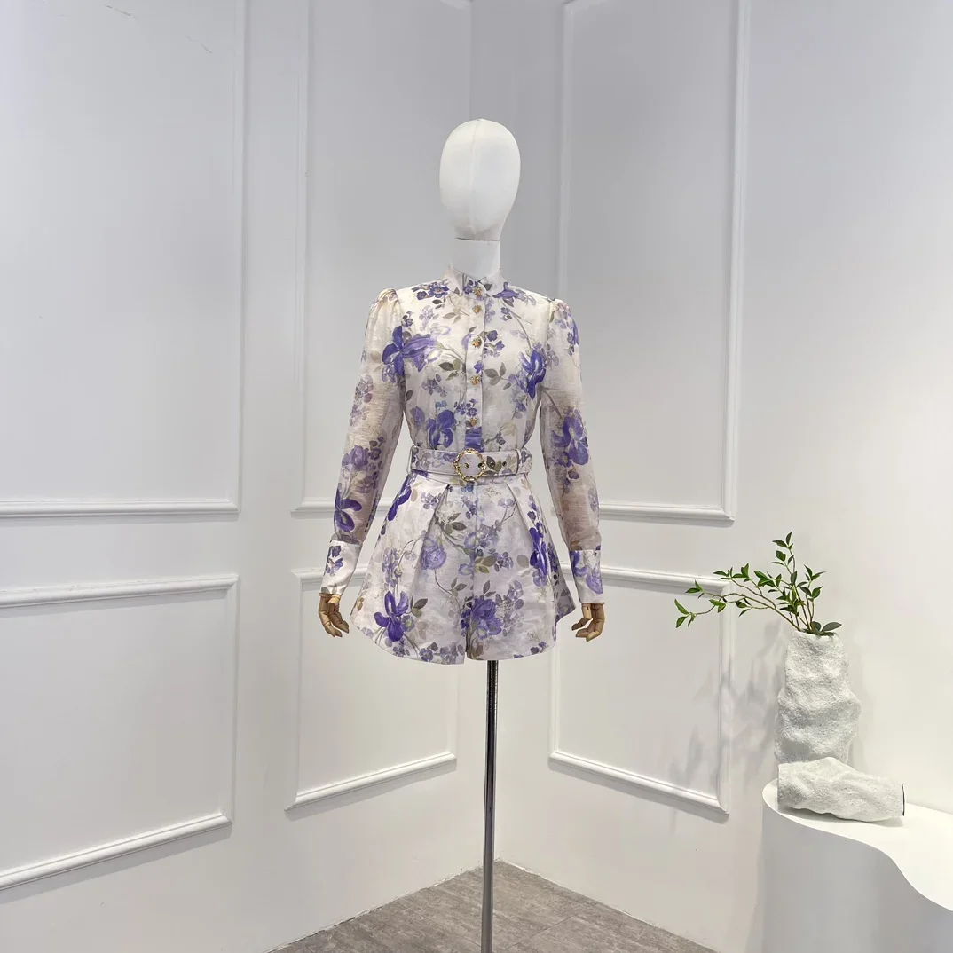 

Purple Floral Printing 2023 New Summer Arrvals Linen Silk Vintage Casual Buttons Long Sleeve Blouse and Belt Shorts Woman Set