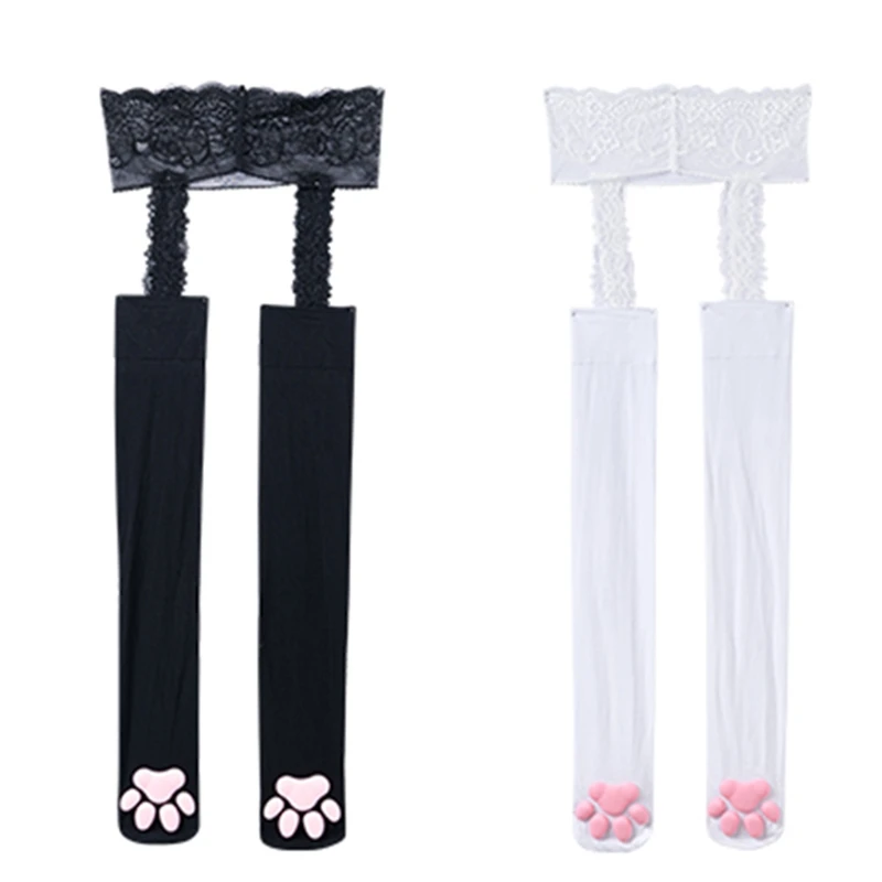

Women Sexy High Waist Lace Tights with for CAT Paw Pad Garter Belt Thigh High Stockings Anime Suspender Pantyhose 37JB