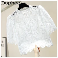 white lace blouse for women 2022 summer hollow out stand collar short sleeve sexy shirt sweet temperament ladies chic top