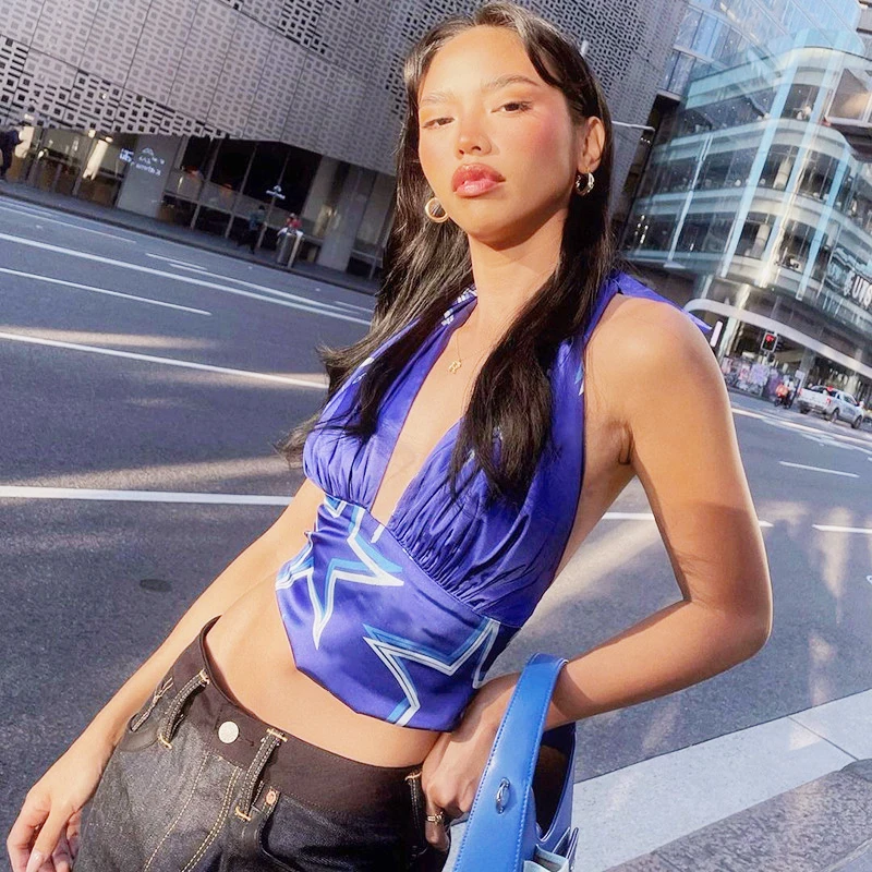 

Fashion Women Print V-Neck Sexy Halter Tank Tops Satin Crop Slim Fit Camisole Club Summer Streetwear Y2K Lace Up Backless Tops