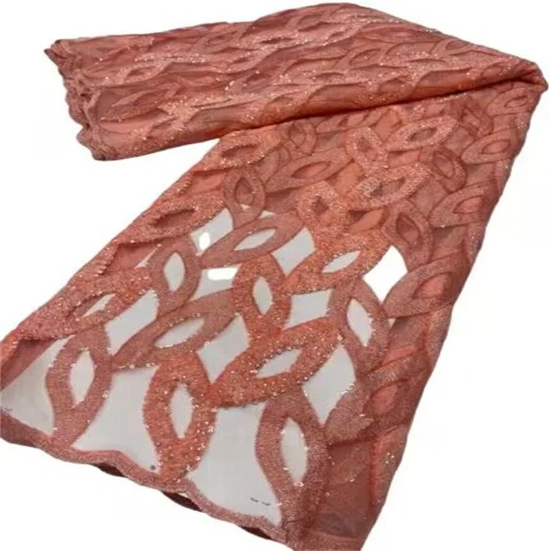 

5 ярдов, Африканское кружево с камнями, 2023, Высококачественная розовая сетчатая вышивка, французская кружевная ткань для свадебного выпускного вечера, для шитья женских платьев