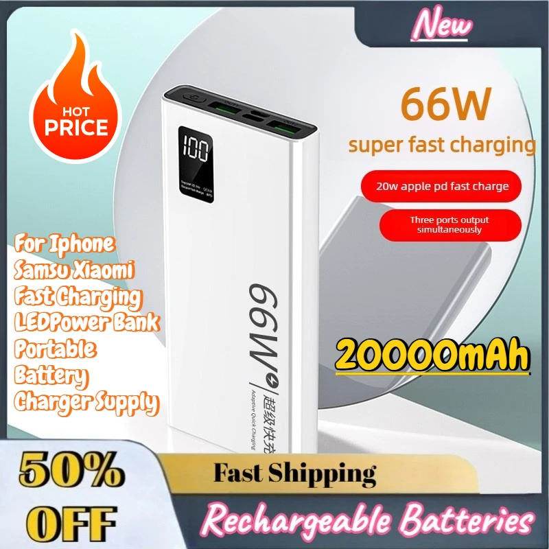 Фото Портативное зарядное устройство (Power Bank) 2026 года, большая емкость 20000 мАч, 66 Вт, для iPhone, Samsung, Xiaomi, быстрая зарядка, со светодиодным индикатором №1